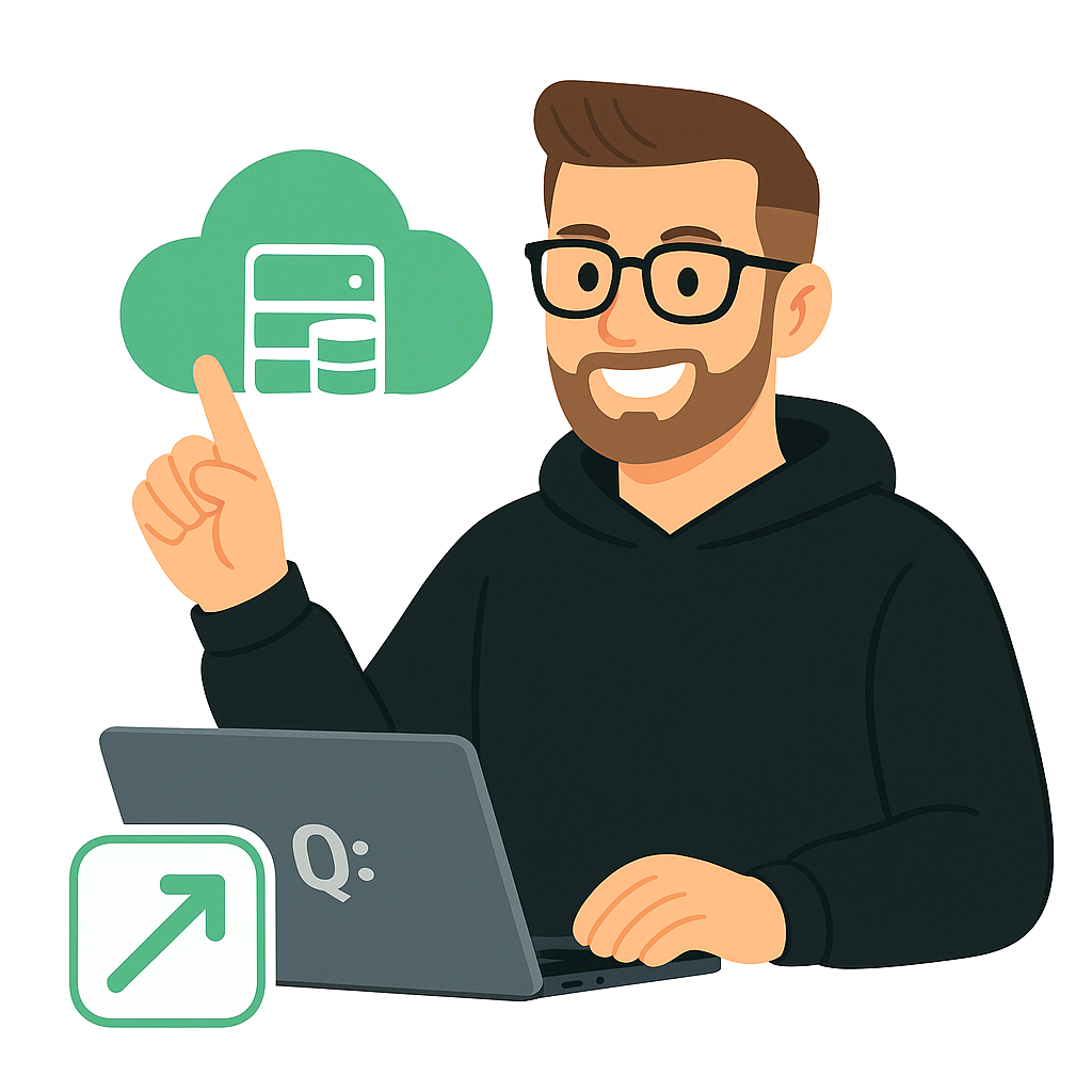 QookieQloud guide with a laptop and cloud platform illustration.